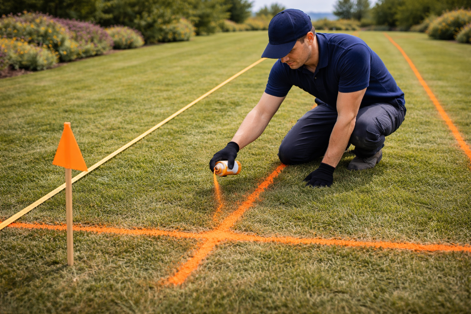 ogrodnik oznaczający linie na trawie