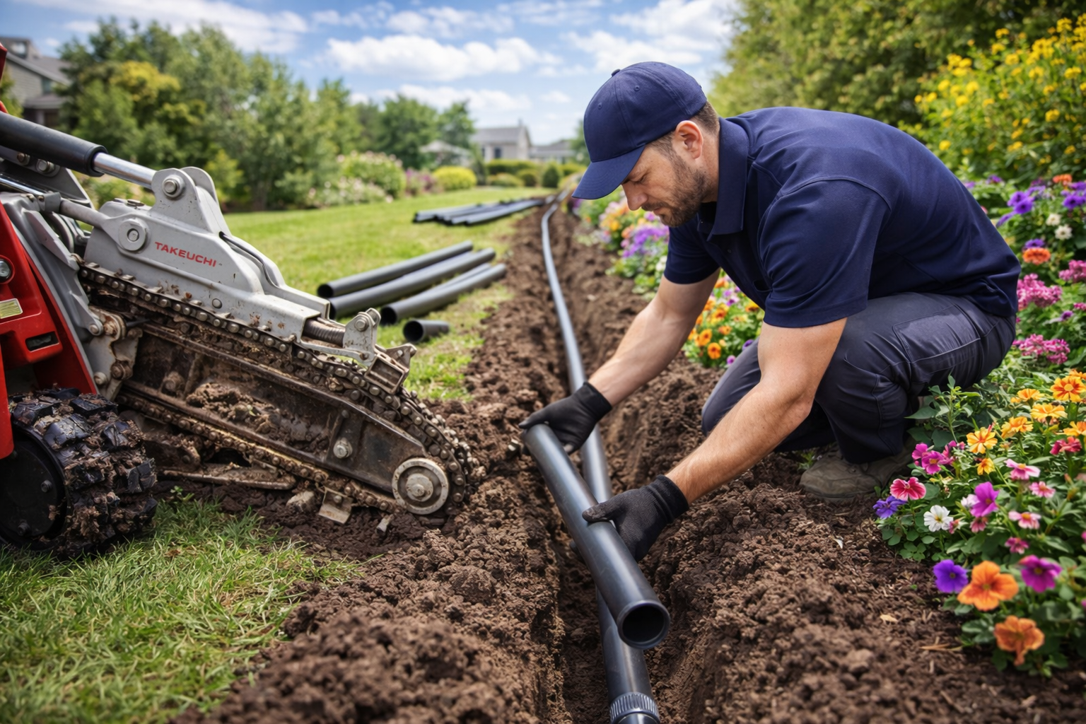 praca w ogrodzie przy instalacji rur
